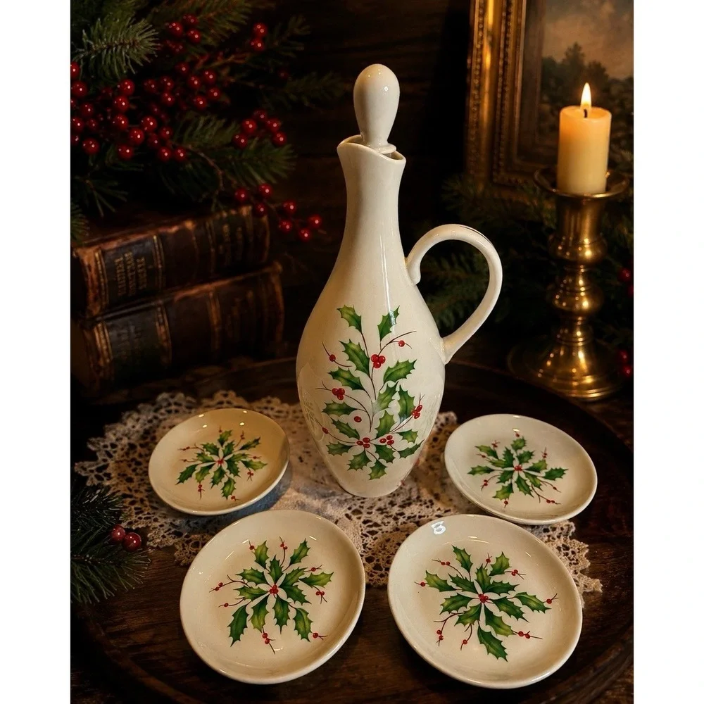 Lenox Holiday Oil Bottle Gift Set NIB Holly Cruet 4 Dipping Dishes Christmas